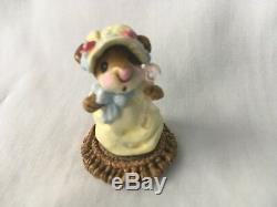 VERY OLD Wee Forest Folk RETIRED MOUSEY BABY M-34 Yellow Dress Blue Bow Signed